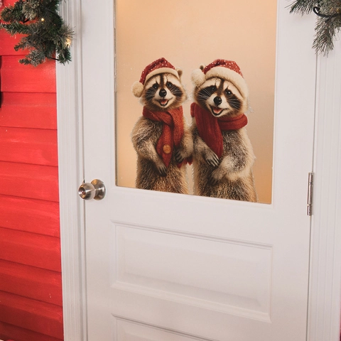 Christmas Wall Sticker PVC Adhesive Raccoon Pattern For Bedroom Living Room Decor Holiday Decorative Window Decal