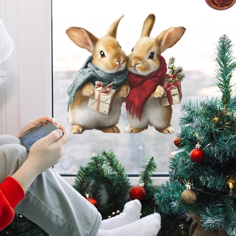 Weihnachten Hase Fenster Statische Aufkleber Realistische Cartoon Kaninchen Mit Geschenkbox UV Druck PVC Dekorative Wandtattoo Für Zuhause