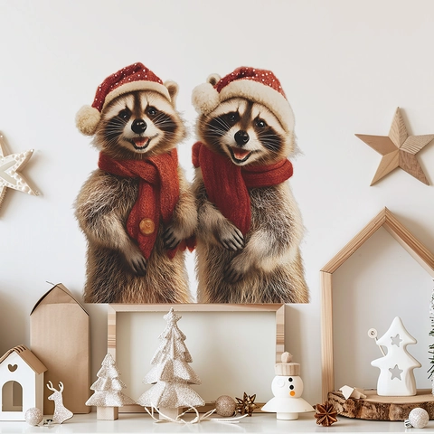 Christmas Wall Sticker PVC Adhesive Raccoon Pattern For Bedroom Living Room Decor Holiday Decorative Window Decal