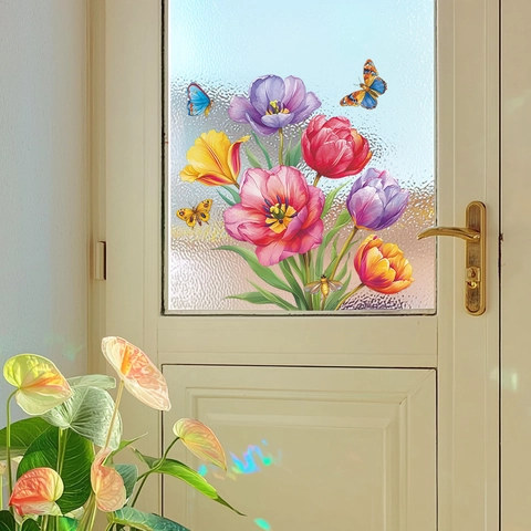 Static Window Cling Colorful Tulip Floral Butterfly UV Printed PVC Decal Glue Free Removable Glass Sticker Home Office Decor