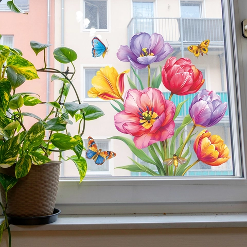 Static Window Cling Colorful Tulip Floral Butterfly UV Printed PVC Decal Glue Free Removable Glass Sticker Home Office Decor