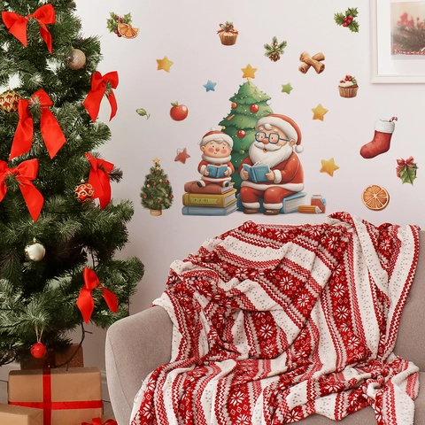 Adesivo da Parete di Natale Babbo Natale E Bambino PVC Autoadesivo Removibile DIY Decalcomania per Camera da Letto Soggiorno Casa