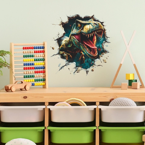 Sticker Mural 3D Dinosaure Sortant du Mur PVC T-Rex Décalcomanie Auto-Adhésive pour Chambre d'Enfant Salon Décoration