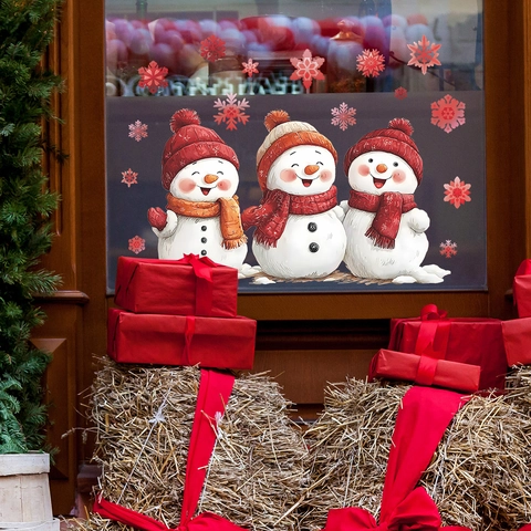 Pegatinas de Ventana de Navidad Muñeco de Nieve Electrostáticas PVC Reutilizables Copos de Nieve Rojos Decoración Cristal Hogar