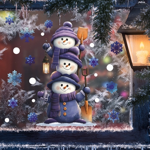 Weihnachten Gestapelte Schneemänner Fensterbilder Lila Strickmütze Schal Schneeflocken Statisch PVC Aufkleber Für Deko