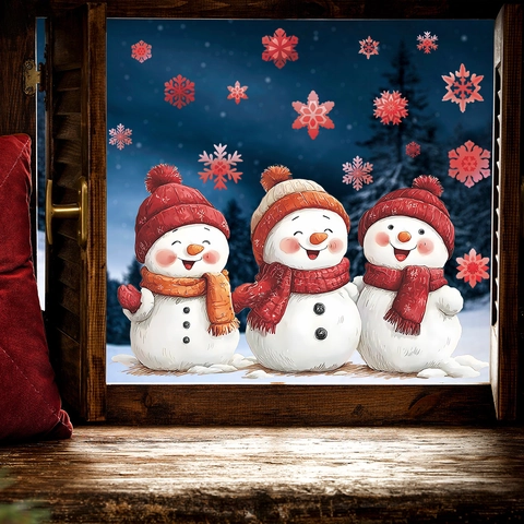 Pegatinas de Ventana de Navidad Muñeco de Nieve Electrostáticas PVC Reutilizables Copos de Nieve Rojos Decoración Cristal Hogar