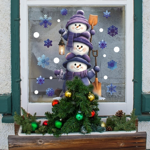 Weihnachten Gestapelte Schneemänner Fensterbilder Lila Strickmütze Schal Schneeflocken Statisch PVC Aufkleber Für Deko