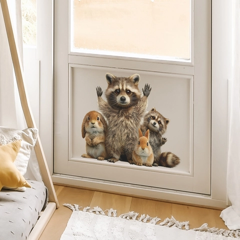 Raccoon And Rabbit Hugging Wall Sticker PVC Self-Adhesive Animal Wall Decal For Bedroom Living Room Kids Decor