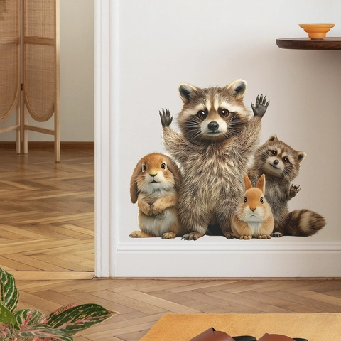 Raccoon And Rabbit Hugging Wall Sticker PVC Self-Adhesive Animal Wall Decal For Bedroom Living Room Kids Decor