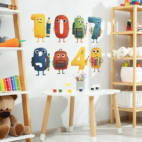 Adesivi Murali con Numeri a Fumetti per Cameretta Bambini Decalcomanie Educative Antropomorfe Autoadesive in PVC