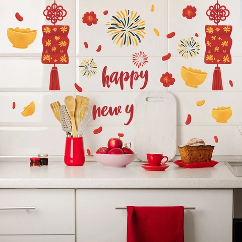 Chinesisches Happy New Year Feuerwerk Laterne PVC Wandaufkleber Selbstklebend Festliche Haus Deko Für Wohnzimmer Schlafzimmer