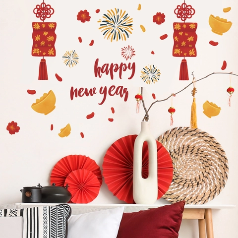 Chinesisches Happy New Year Feuerwerk Laterne PVC Wandaufkleber Selbstklebend Festliche Haus Deko Für Wohnzimmer Schlafzimmer