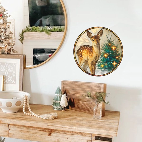 Adhesivo De Pared De Navidad Con Alce Y Árbol Estilo Vitral Calcomanía De PVC Removible Para Decoración De Sala De Estar