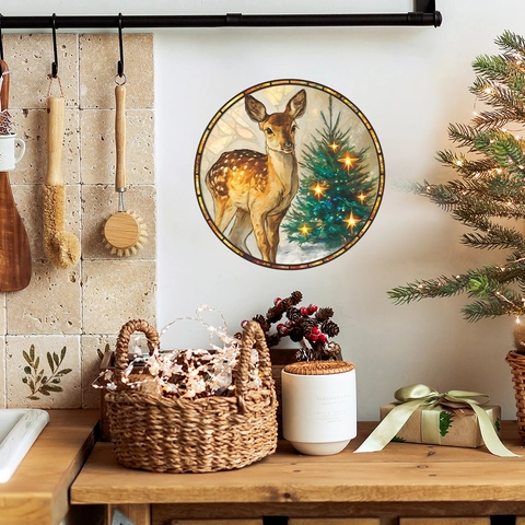 Adhesivo De Pared De Navidad Con Alce Y Árbol Estilo Vitral Calcomanía De PVC Removible Para Decoración De Sala De Estar