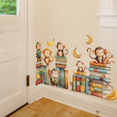 Cartoon Affe Lernen Bücher Wandtattoo PVC Tier Kinderzimmer Wandaufkleber Für Kinder Schlafzimmer Wohnzimmer Haus Dekoration