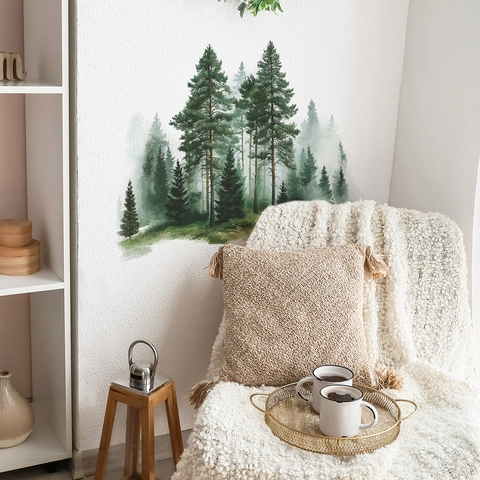 Watercolor Forest Pine Tree Wall Sticker Misty Fog Mountain View PVC Self-Adhesive Wall Decal For Living Room Home Decor