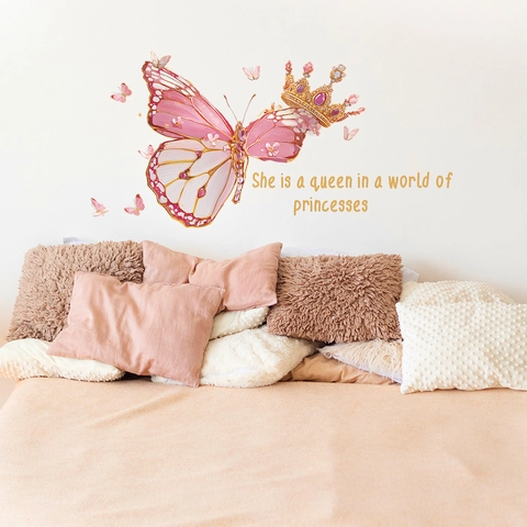 Farfalla Corona Citazione Artistica Adesivo Murale Rosa Oro Regina Motto PVC Removibile Autoadesivo Arte Murale Per Casa