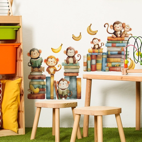 Cartoon Affe Lernen Bücher Wandtattoo PVC Tier Kinderzimmer Wandaufkleber Für Kinder Schlafzimmer Wohnzimmer Haus Dekoration