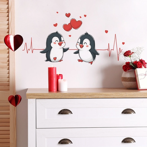 Cartoon Penguin Heart Heartbeat Wall Sticker PVC Self Adhesive Warm Romantic Home Decor For Bedroom Living Room Wall Art Decal