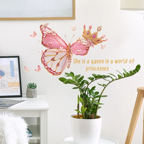 Farfalla Corona Citazione Artistica Adesivo Murale Rosa Oro Regina Motto PVC Removibile Autoadesivo Arte Murale Per Casa