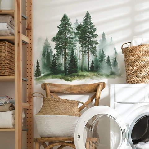 Watercolor Forest Pine Tree Wall Sticker Misty Fog Mountain View PVC Self-Adhesive Wall Decal For Living Room Home Decor
