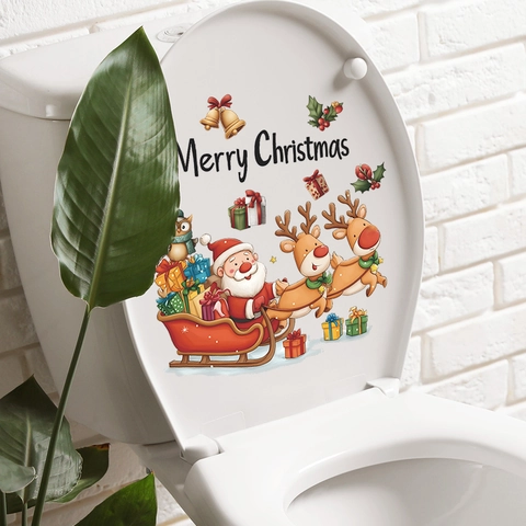 Adesivi per Sedile del Gabinetto Natalizi con Babbo Natale e Renne Decalcomanie Murali Autoadesive in PVC per Bagno