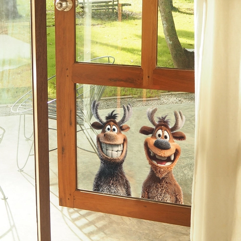 Cartoon Smiling Reindeer Wall Sticker PVC Removable Decal For Living Room Bedroom Kitchen Home Decor Christmas Holiday Window Glass Decorative Sticker