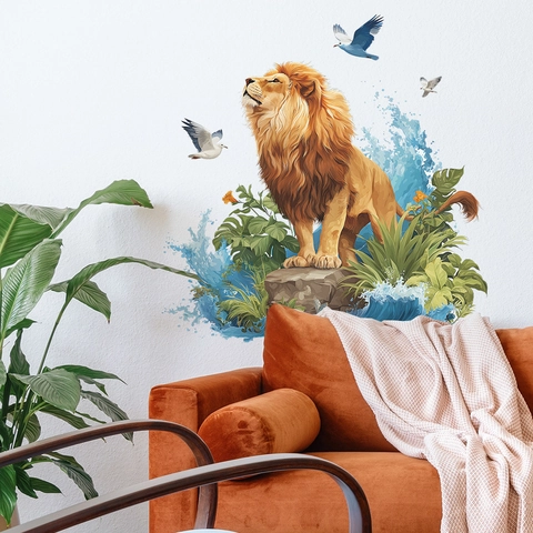 Cartoon Löwe Und Tropische Pflanzen Wandaufkleber Abnehmbare PVC Selbstklebende Wandbild Für Wohnzimmer Schlafzimmer Home Dekor