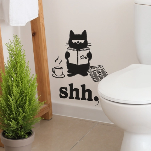 Cartoon Schwarze Katze Liest Buch Toilettenaufkleber Wasserdicht PVC Abnehmbar Wandtattoo Für Badezimmer Heimtextilien Wandsticker