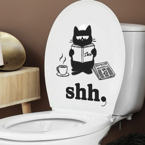 Cartoon Schwarze Katze Liest Buch Toilettenaufkleber Wasserdicht PVC Abnehmbar Wandtattoo Für Badezimmer Heimtextilien Wandsticker