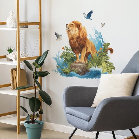 Cartoon Löwe Und Tropische Pflanzen Wandaufkleber Abnehmbare PVC Selbstklebende Wandbild Für Wohnzimmer Schlafzimmer Home Dekor