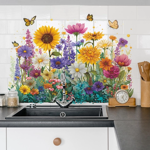 Abnehmbare Blumen Schmetterling Wandaufkleber Sonnenblume Gänseblümchen Selbstklebend PVC Wandtattoos Für Wohnzimmer Schlafzimmer