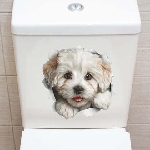 3D Cucciolo Adesivo per Gabinetto PVC Removibile Impermeabile Cane Simpatico Adesivo Murale per Bagno Decorazione Casa DIY