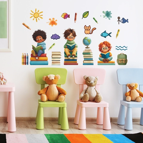 Cartoon Kids Reading Books Wall Sticker Removable PVC Educational Wall Decal For Children Bedroom Nursery School Decor
