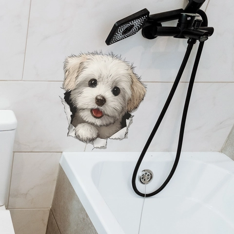 3D Maltese Dog Toilet Sticker Cute Puppy Peeking Removable Waterproof PVC Wall Decal For Bathroom Home Decor HY-M496