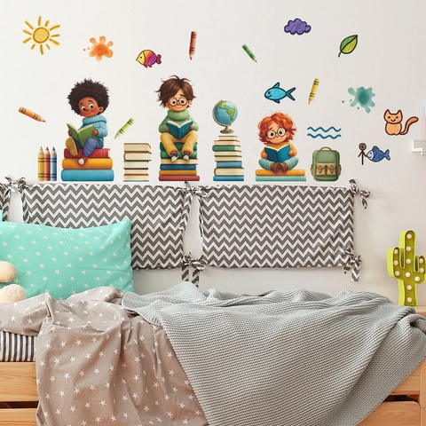 Cartoon Kids Reading Books Wall Sticker Removable PVC Educational Wall Decal For Children Bedroom Nursery School Decor