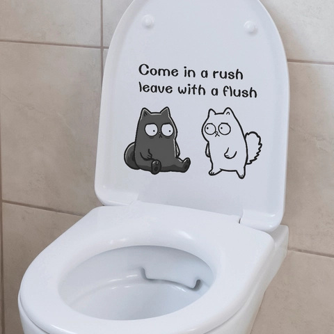 Autocollant de Toilette Chat de Dessin Animé Amusant Sticker Mural en PVC Amovible Avec Slogan Décoration de Salle de Bain