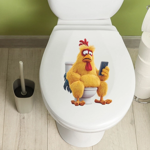 Pegatina 3D Gallo Animado Sentado En El Inodoro Con Teléfono PVC Impermeable Removible Decoración De Tapa De Baño