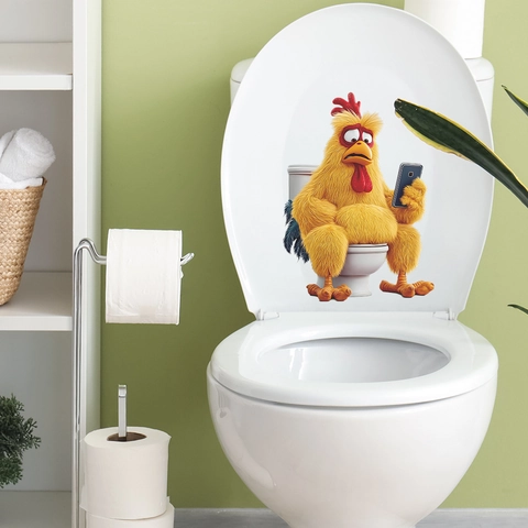 Pegatina 3D Gallo Animado Sentado En El Inodoro Con Teléfono PVC Impermeable Removible Decoración De Tapa De Baño