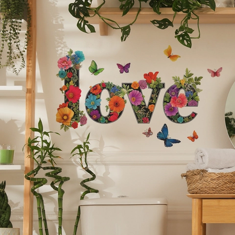 Sticker Mural Lettre LOVE Papillon Floral de la Saint Valentin Fleurs Colorées Décalcomanies en PVC Auto Adhésives pour Chambre Salon