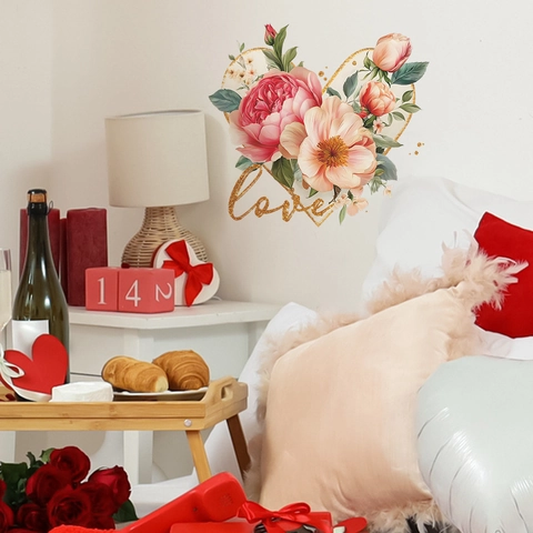 Pegatina de Pared Romántica Corazón Floral Letra LOVE PVC Autoadhesiva Peonía Rosa Flor Calcomanía Para Dormitorio Baño