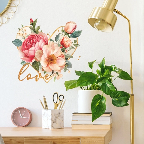 Pegatina de Pared Romántica Corazón Floral Letra LOVE PVC Autoadhesiva Peonía Rosa Flor Calcomanía Para Dormitorio Baño