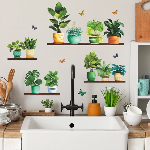 Adesivi Murali Piante Verdi in Vaso Con Farfalle Colorate Nordic PVC Decalcomanie Autoadesive Per Camera da Letto Soggiorno
