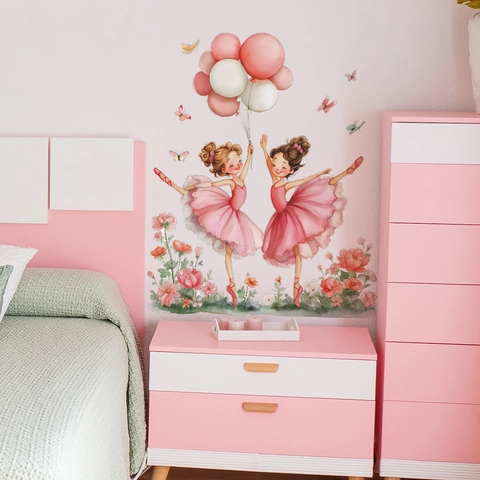 Pegatina de Pared de Princesa de Ballet de Acuarela Rosa Decoración Cuarto Niña Flor Globo Mariposa PVC Adhesiva