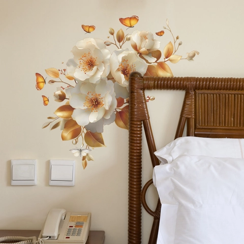 Elegant White Flower Golden Leaf Butterfly Wall Sticker Removable PVC Self Adhesive Decor For Living Room Bedroom Fridge