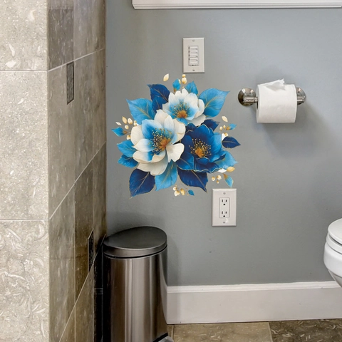 Blau Weiß Blume Wandsticker PVC Abnehmbare Florale Aufkleber Für Badezimmer Toilette Laptop Kühlschrank Haus Deko Selbstklebend