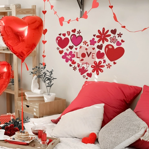 Pegatina de Pared Romántica de Flor de Corazón Rojo PVC Removible LOVE Letra Calcomanía para Dormitorio Sala San Valentín Hogar