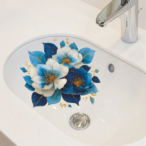 Blau Weiß Blume Wandsticker PVC Abnehmbare Florale Aufkleber Für Badezimmer Toilette Laptop Kühlschrank Haus Deko Selbstklebend
