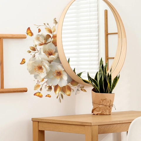 Elegant White Flower Golden Leaf Butterfly Wall Sticker Removable PVC Self Adhesive Decor For Living Room Bedroom Fridge