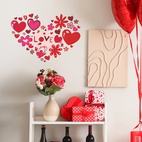 Pegatina de Pared Romántica de Flor de Corazón Rojo PVC Removible LOVE Letra Calcomanía para Dormitorio Sala San Valentín Hogar